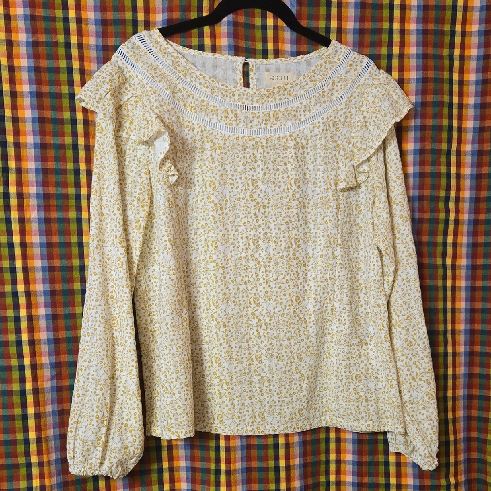 ROOLEE Yoked Ruffled Blouse Gold Floral Sz M